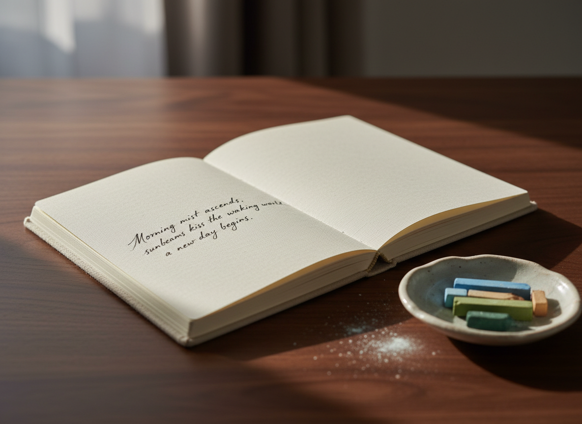 A slender, cream-colored notebook lies open on a smooth, dark wooden table, its thick, slightly textured pages filled with a single elegant haïku written in fine black ink. Beside it, several soft pastel sticks in muted blues, moss greens, and warm ochres rest on a small porcelain dish, their powder lightly dusting the surface. Soft morning light from an unseen window grazes the scene, creating gentle shadows along the notebook’s spine and subtle highlights on the pastel dust. Shot at eye level with a shallow depth of field, the background falls into a soft blur of neutral tones. The mood is contemplative and sophisticated, in photographic realism, evoking the quiet intimacy of a personal creative ritual.