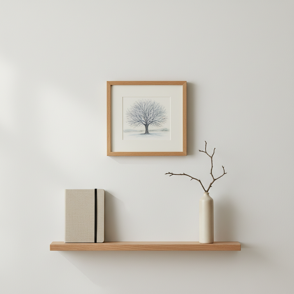 A small, framed pastel illustration of a solitary tree in winter, its branches drawn with delicate strokes of cool gray and faint lavender, hangs on a smooth, eggshell-white wall above a narrow floating shelf. On the shelf sits a single, closed notebook wrapped in linen with a thin black ribbon, hinting at haïku within. A minimalist ceramic vase holds one bare twig, its linear form echoing the tree above. Soft, indirect natural light bathes the wall, creating subtle gradations of tone and a barely perceptible shadow beneath the frame and shelf. Photographed straight-on with photographic realism, clean lines, and negative space, the composition is understated and elegant, exuding a refined, contemplative mood perfectly aligned with a sophisticated haïku aesthetic.