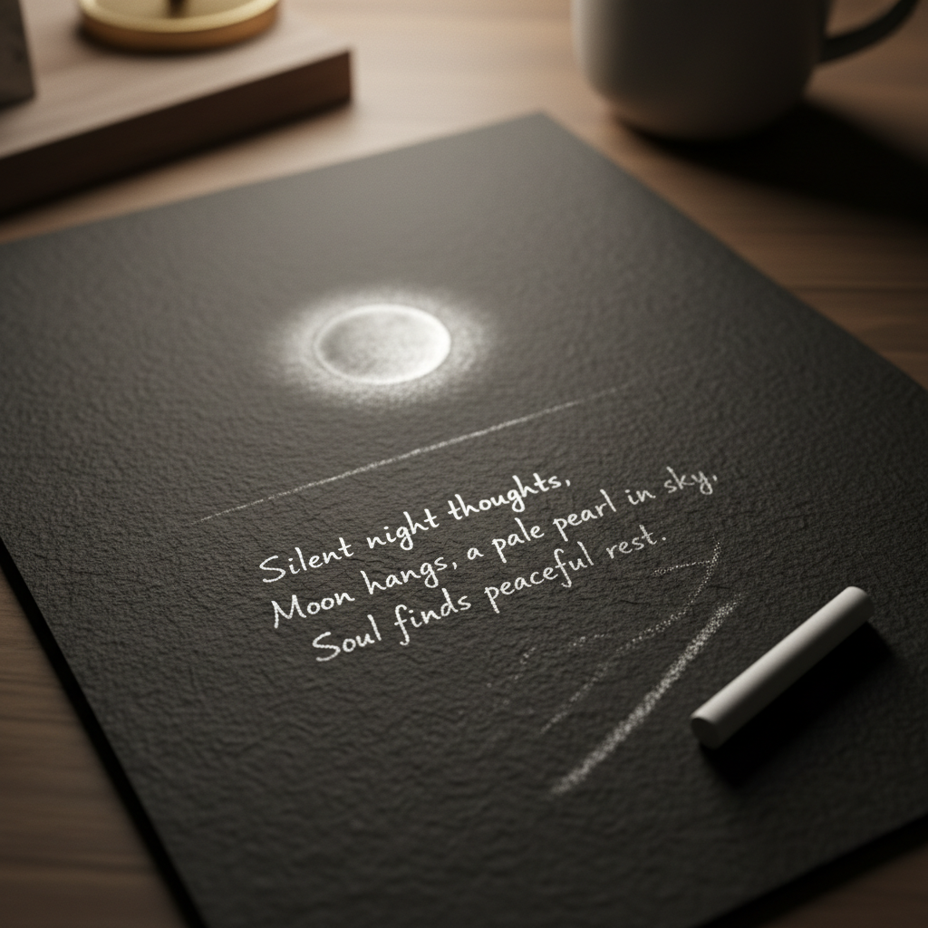 A close-up of a richly textured sheet of dark charcoal-gray paper, where a pale moon in soft white pastel hovers above a faint horizon, its edges delicately smudged to create a halo. Beneath the drawing, a meticulously written haïku in silver ink glows subtly against the paper’s fibers. A single slender pastel stick, slightly worn, lies diagonally near the bottom edge, leaving a faint shimmering trail. Dim, diffused evening light from a nearby lamp casts gentle, velvety shadows, enhancing the contrast between light and dark. Captured in photographic realism with a tight, centered composition and shallow depth of field, the mood is sophisticated, nocturnal, and meditative, evoking the stillness of a quiet night of reflection.