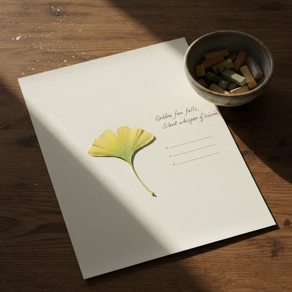 A single delicate ginkgo leaf, rendered in soft shades of lemon yellow and pale green pastel, lies centered on a sheet of heavy, off-white drawing paper. Beside it, an unfinished haïku in tidy, slanted handwriting trails off, leaving a few empty lines. The scene rests on a weathered wooden desk, with a small ceramic bowl holding worn pastel stubs in earth tones. Late afternoon light streams diagonally across the desk, catching particles of pastel dust in the air and casting elongated, poetic shadows. Photographed from a slightly elevated angle using the rule of thirds, the composition feels minimal yet refined, with a serene, introspective atmosphere that suggests the quiet pause between thoughts.